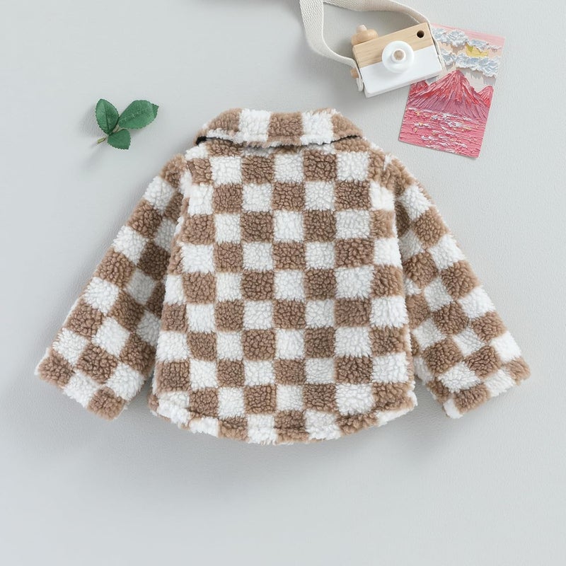 FEIBEL Store Toddler Kids Fleece Jackets Checkerboard Button Winter Warm Sherpa Coat Outwear for Boys Girls - Image 3